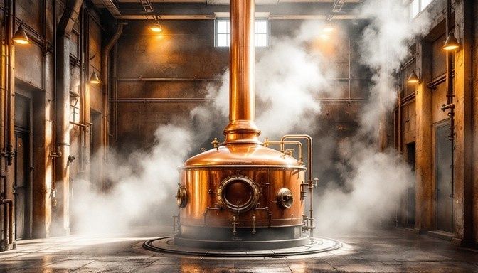 Kopparkärl i ett ångfyllt bryggeri för cirkulär ölproduktion